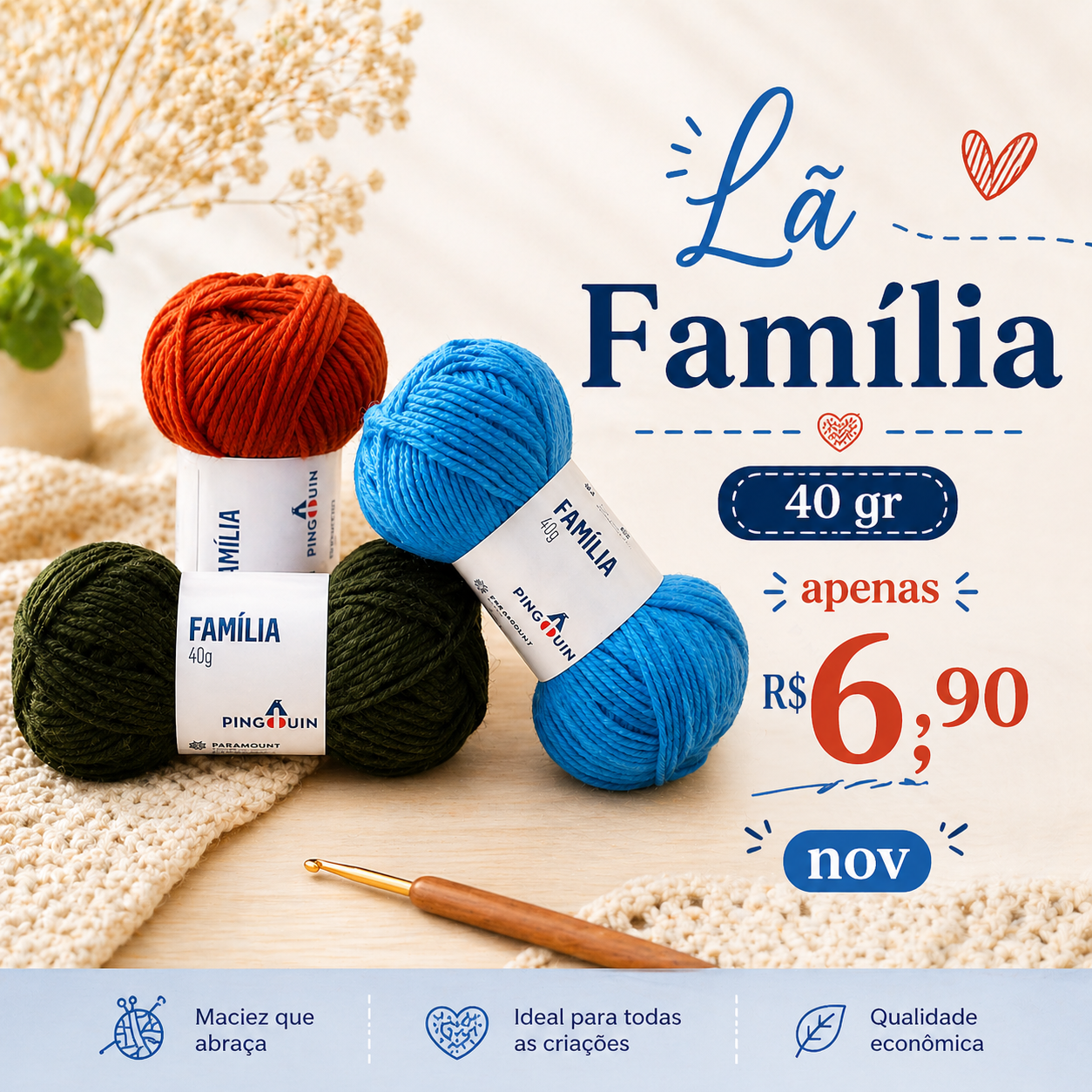 Lã Família 40g Pingouin – Versátil, Macia e Perfeita para Criar Peças Lindas Todos os Dias